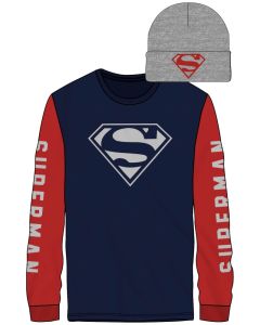 SUPERMAN – Logo Front Superman Sleeves Men's Black Red LS Tee W/ Grey Beanie Combo