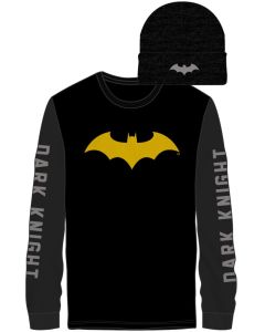BATMAN – Bat Logo In Yellow Dark Night Sleeves Men's Black LS Tee W/ Beanie Combo