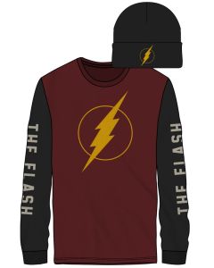 DC COMICS - FLASH – Logo Front The Flash On Sleeves Men's Red/Black LS Tee W/ Black Beanie