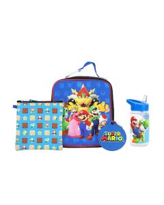 Super Mario Bros Group Shot 4 Piece Kids Lunch Bag and Water Bottle Combo Set