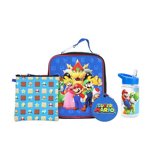 Super Mario Bros Group Shot 4 Piece Kids Lunch Bag and Water Bottle Combo Set