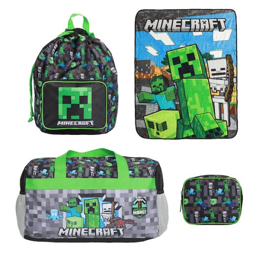 MINECRAFT - 5 Pc Duffle Bag Set  – Duffle Bag, Throw Blanket, Drawstring Backpack, Sleep Mask, and U