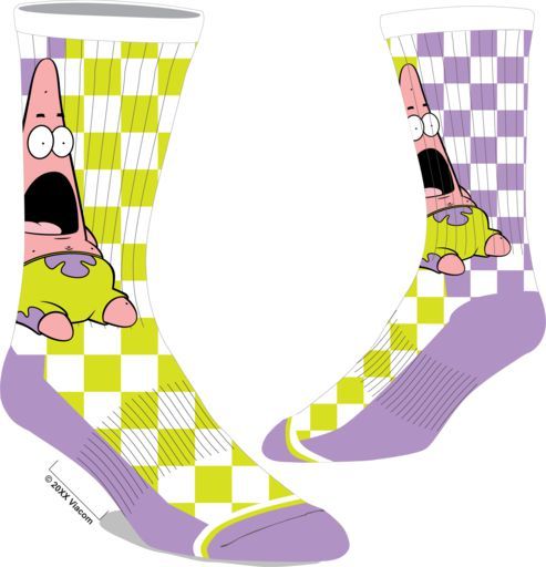 SPONGBOB - Patrick Open Mouth On Green / Purple / White Checks Socks