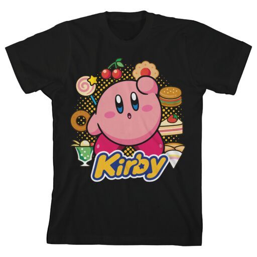 Kirby With Food Background Kids Black T-Shirt