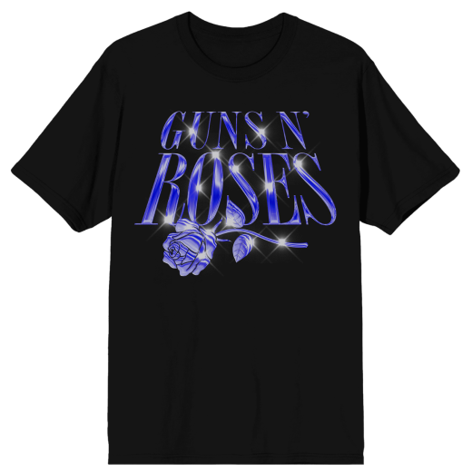 GUNS N ROSES - Sparkly Band Logo with Rose Mens Black Tee